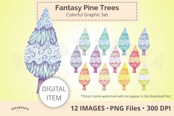 Fantasy Pine Tree Decorative Clipart Set